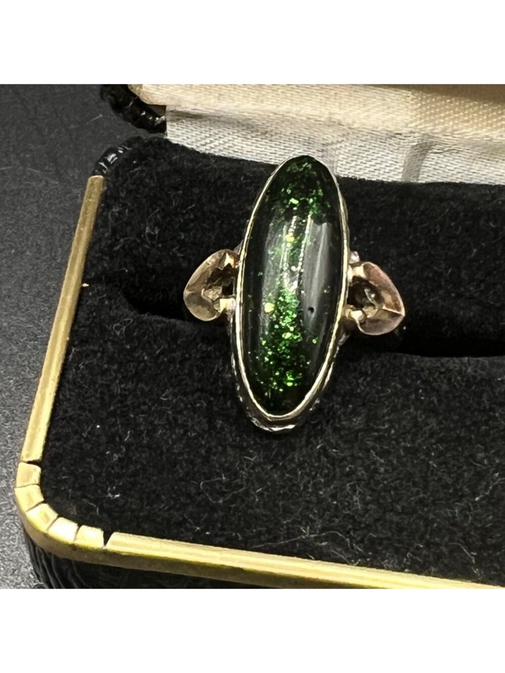 Vintage Sterling 10K Gold-Filled Green Stone Statement Ring C+C Heart Accents